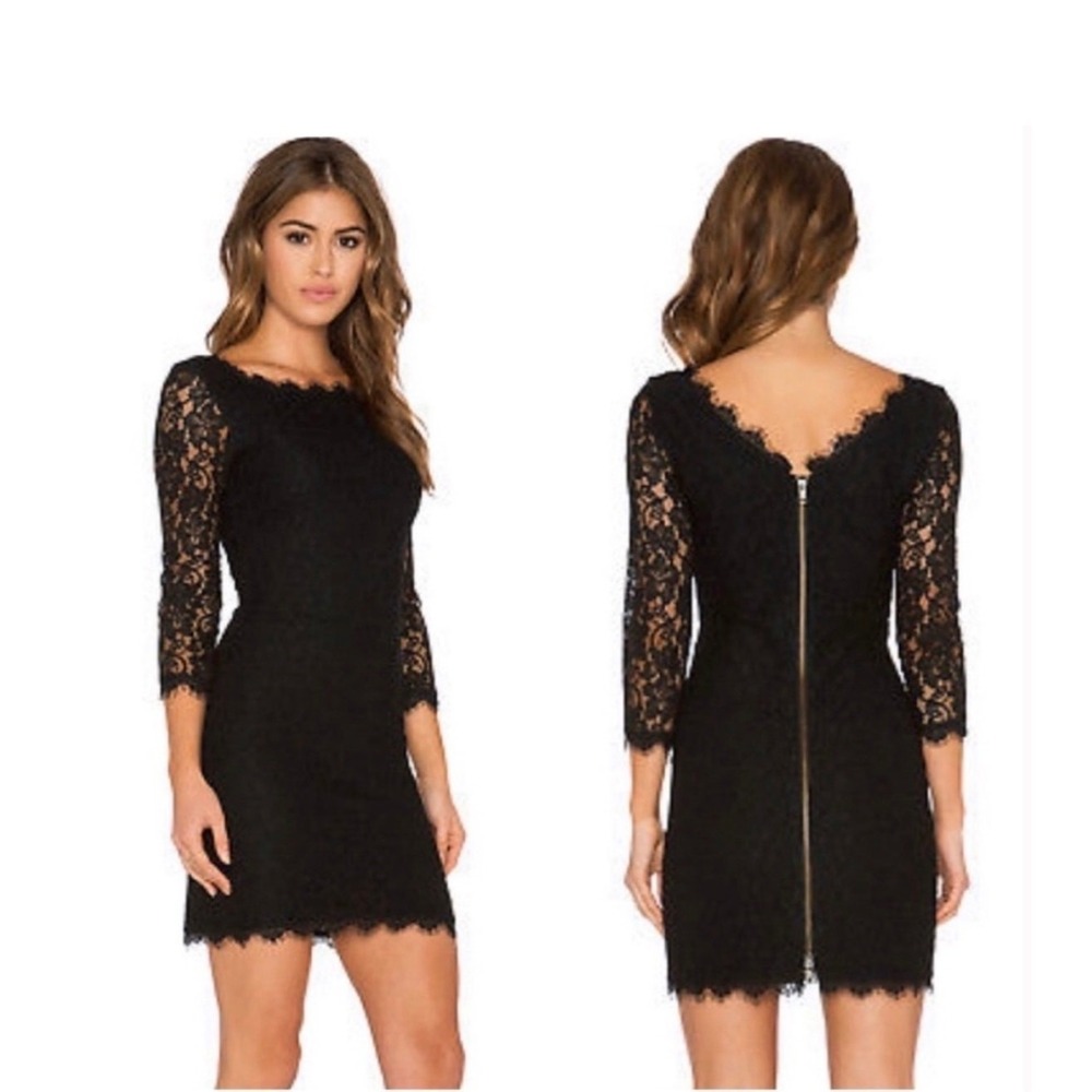 Diane von Furstenberg DVF Zarita Lace Mini Sheath Dress Black Stretch Sz 4 3/4